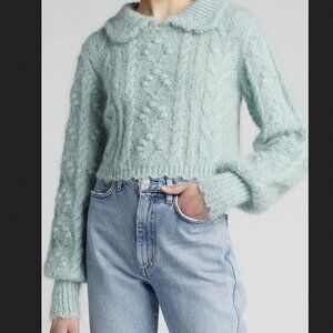 💙 LoveShackFancy Berget Sweater | Sparkling Baby Blue Alpaca Knit with Collar |